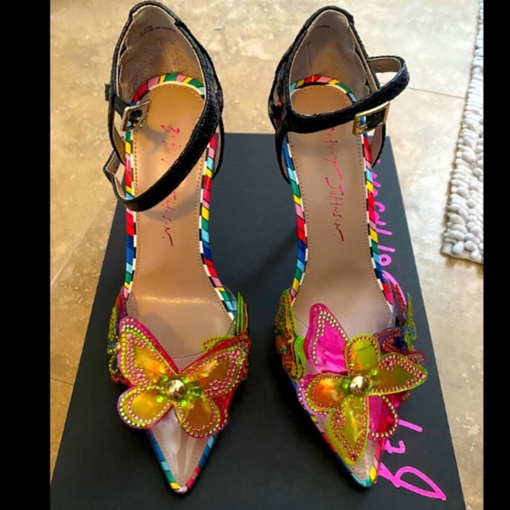 Betsey Johnson Butterfly multi color stewpot stilettos